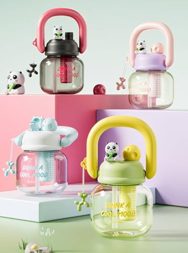 Image of Cute Panda Kids Water Bottle with Straw & Handle, Leakproof Sipper Bottle for Boys & Girls, BPA Free Plastic Unique Water Bottle for School, Travel & Daily Use (Lime Green)