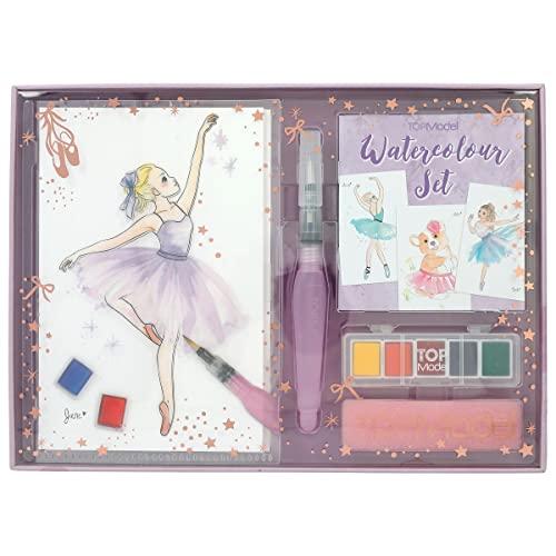Depesche 12248 TOPModel Ballet - Aquarellfarben-Set mit 20 Blatt Motivvorlagen auf Aquarellpapier, kreatives Malset mit 5 Wassermalfarben, Pinselstift und Schwamm