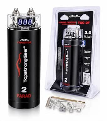 TOPSTRONGGEAR 2 Farad Digital Power Capacitor for Car Audio System, Performance Car Audio Capacitors with LED Digital Display, Voltage Readout, Surge Protection, Mounting Hardware, 12V/24V Compatible