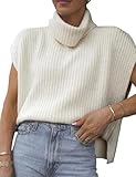 VATEAMI Womens Casual Knit Sweater Vest Turtleneck Sleeveless Ribbed Knitted Tank Tops Shoulder Pads Fall Winter Knitwear (White-M)