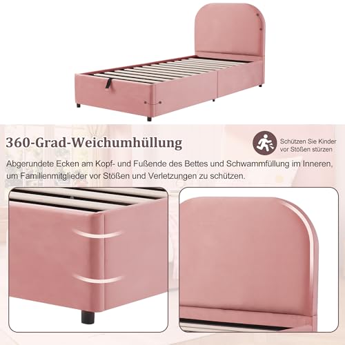 Gelukueub Polsterbett,Einzelbett, Kinderbett 90 x 200cm, hydraulisches Funktionsbett, Bett mit Lattenrost, Kopfteil und großem Stauraum, gepolstertes Kopfteil, Samt, rosa – Bild 5