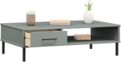 Miniatura 4 de Grey Solid Pine Wood Coffee Table, 21.7x39.4x11.4 in Metal Low Living Room Table with Storage Drawer, Industrial Style Mesa de Centro para Sala