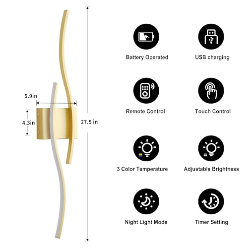 Image of KARTOOSH Wireless Wall Sconces Set of 2, Dimmable LED Sconce with Remote | Battery Operated Wall Sconce with 3 CCT Night-Light Timer Memory Modern Wall Sconces for Living Room, Hallway, Bedroom