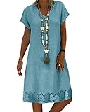  Onsoyours Robe Femme D\'été Casual Mousseline de Soie Plage Mini Manche Courte Boutonné Cravate à la Taille A Pois Couleur Unie Chemise Robe D Bleu Clair 38