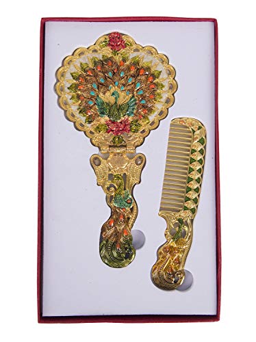 Nerien Antique Mirror Comb Set Vintage Metal Embossed Rose Handheld Mirror Peacock Heart-Shaped Makeup Mirror Decorative Tabletop Stand Cosmetic Mirror Travel Folding Handle Mirror Gold #TOP6