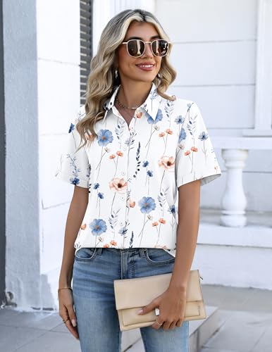 Image of Zeagoo Button Down Shirts for Women Short Sleeve Collared Tops Dressy Casual V Neck Blouses