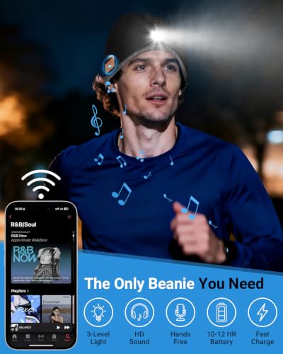 Bluetooth Beanie with Light Gifts Men Rechargeable Hat Christmas Headlamp | Stocking Stuffers for Men Dad Teens Headlamp Beanie with Bluetooth Headphones Winter Hat Birthday Gifts for Men 4 LED Light - image 5