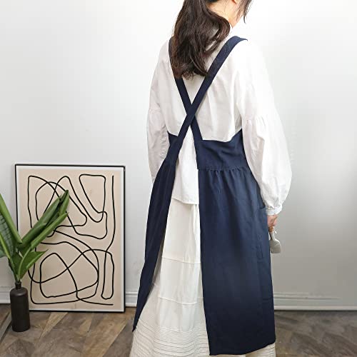 Hanee Cross Back Aprons For Women | Japanese Style Cotton Apron With Pockets | Cute Pinafore Smock For Gardening, Cooking, Painting, Cleaning And More (Blue) #TOP5