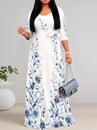 Image of Maxi Dress for Women with Sleeves, Empire Waist Dress | A-line shape, self-tie belt, side pockets and pull-on design; stretch fabric for church, work and casual wear