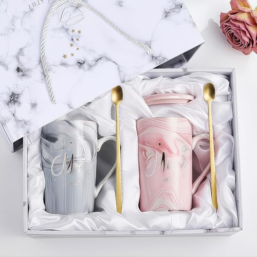 Focenat 2 peças Sr. e Sra. Canecas de presente, Sr. e Mrs conjunto de chávenas de café, 400 ml caneca de cerâmica com padrão de mármore, com tampa e colher, caixa de presente, para aniversário de