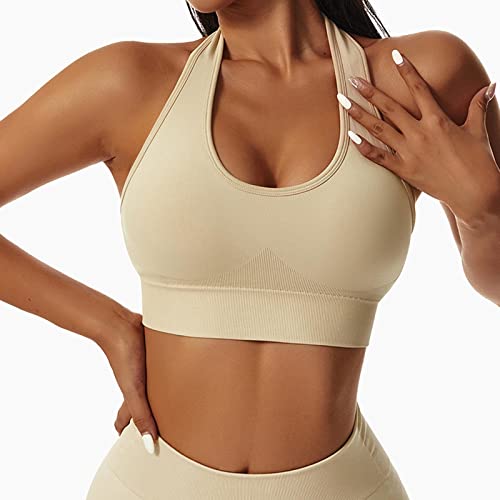 Womens Butterluxe High Neck Longline Sports Bra - U Back Padded Crop Workout Tank Top With Built In Bra E0095 Beige#Small #TOP2