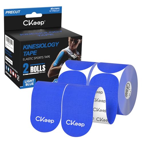 Image of CKeep Kinesiology Tape, 2 Rolls 2 Inch Wide Elastic Precut Strips, Blue | Cotton Latex Free Hypoallergenic Breathable Athletic Tape, Sticky & Waterproof Kinetic Tape for Joint Support Injury & Sprain