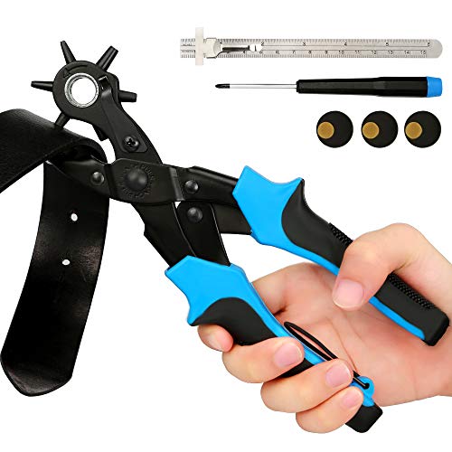 Lifegoo Leather Hole Punch Tool for Belts Revolving Puncher Plier Kit Including Ruler,Screwdriver,Brass