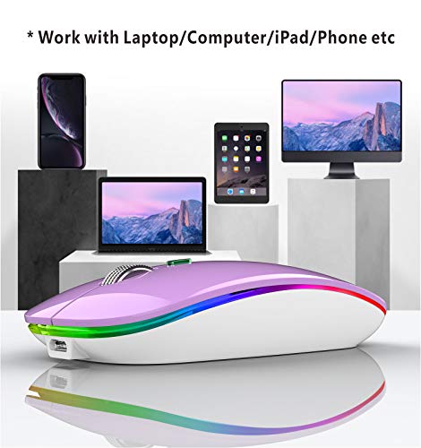 Tenmos Wireless Bluetooth Mouse, Led Slim Dual Mode (Bluetooth 5.1 + Usb) 2.4Ghz Rechargeable Silent Bluetooth Wireless Mouse With Type C Adapter For Laptop/Macbook/Ipad Os 13 And Above (Purple) #TOP5