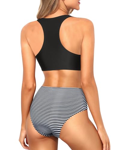 Tempt Me B07B9SNSVR Women Striped Two Piece Swimsuit High Waisted Bikini Set Sporty Racerback High Neck Bathing Suits thumb #1