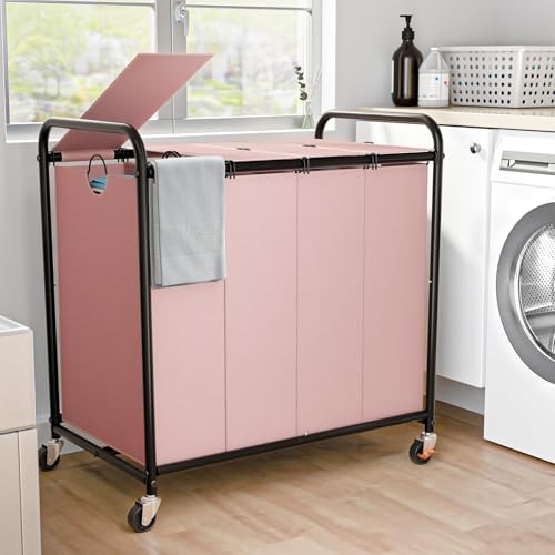 Laundry Sorter 4 Sections 48 Gal, Rolling Laundry Basket with Lockable Wheels and Lid, Laundry Hamper with 4 Separated Removable Bags Dirty Clothes Hamper for Laundry Room Organizer, Pink