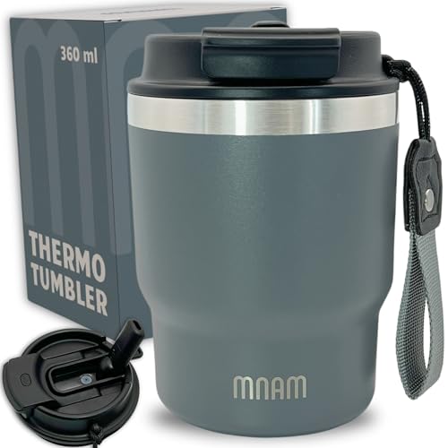 mnam - Taza Termo Cafe para Llevar 360 ml - Taza Termica Acero Inoxidable con Asa - Vaso Termico Reutilizable para Bebidas con Pajita - Termo Pequeño Cafe - Travel Mug Coffee Cup