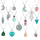 K&Q 15pcs Vintage Crystal Pendant Aesthetic Chakra Necklace Vintage Jewelry Carnelian Necklace Bohemian Retro Sunflower Necklace Sun and Moon Pendant for Women Girls