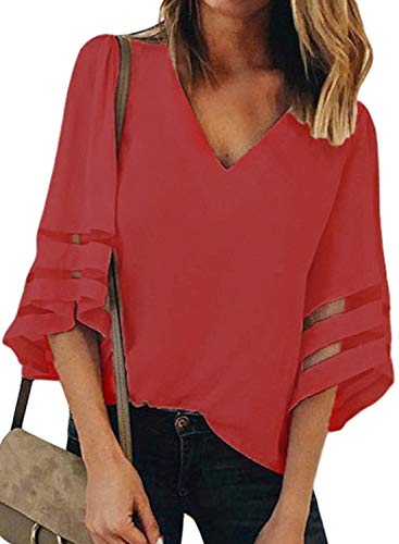 BLENCOT Womens Ladies Sexy V Neck 3 4 Sleeve Red Chiffon Blouse Shirt Solid Patchwork Loose Flowy Tops Large