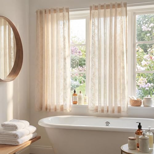 Image of jinchan Floral Linen Curtains, Back Tab 50x63 Inch, 2 Panels Ivory