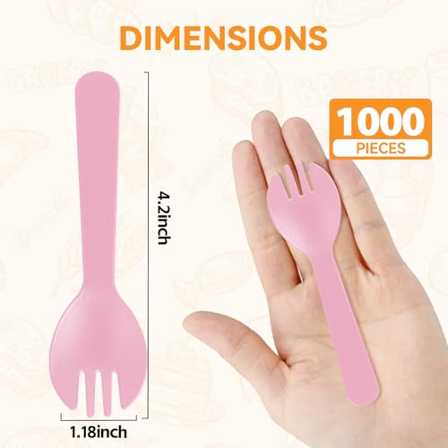 Image of 1000Pcs Mini Pink Plastic Spork, 4.2 Inch Individually Wrapped Disposable Utensils, Small Fork and Spoon Combo for Restaurant, Catering Events, Cakes, To-Go & Party Use