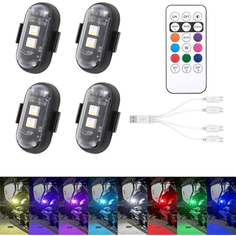 BX 4pcs Wireless LED Strobe Lights with Remote Control, 8 Colors with 10 Modes,USB Charing Waterproof Anti-Collision Led Lights for Car Motorcycle Drone Aircraft Bike, RGB Led Aircraft Strobe Lights Cover