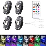 BX 4pcs Wireless LED Strobe Lights with Remote Control, 8 Colors with 10 Modes,USB Charing Waterproof Anti-Collision Led Lights for Car Motorcycle Drone Aircraft Bike, RGB Led Aircraft Strobe Lights