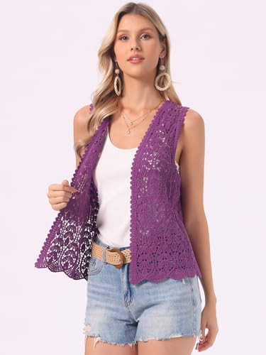 Image of Allegra K Women's Floral Crochet Hollow Out Sleeveless Open Front Boho Vest Cardigan