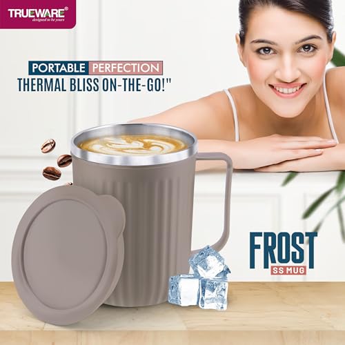 Image of Trueware Frost Unbreakable Mugs 400 ml with Cap Stainless Steel Plastic Covered Travel Mug with lid for Tea, Coffee, Milk (Peach)