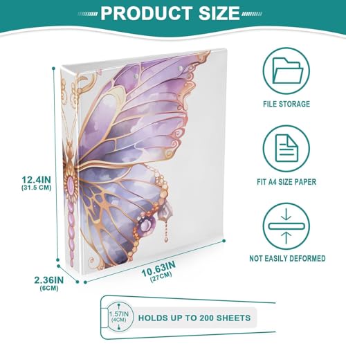 Image of 3 Ring Binder Butterflies Purple Butterfly 1.5 inch Binders Three Ring Binders with Clipboard Fit 8.5'' x 11'' Paper 3 Interior PVC Clear Pockets for Office Supplies