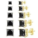 FOSIR Womens Mens 18K Yellow Gold Plated Black Square Clear Cubic Zirconia Stud Earrings(5 Pairs, 3-7mm CZ)