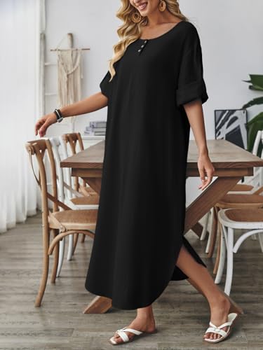 Image of Celmia Autumn Solid Loose Long Maxi Dress Cotton Caftan