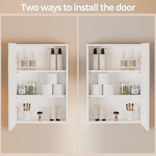Homleke Medicine Cabinet with Mirror, Wall-Mounted Bathroom Mirror with Storage, Lightweight, Adjustable Shelves, Reversible Door Installation, No Assembly Required, 16 x 24 Inch, White