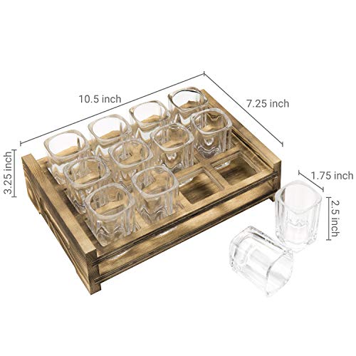Mygift Shot Glass Serving Set Includes 12 Square Shot Glasses And Burnt Brown Wood Slotted Server Tray #TOP4