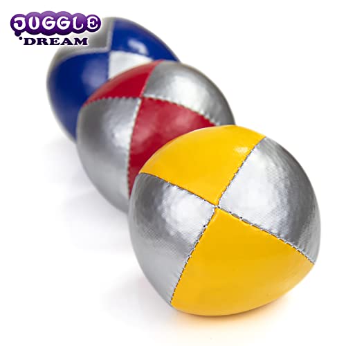 Juggle Dream 3X Pro Thud Jonglierbälle - Set mit 3 professionellen Jonglierbällen mit kostenlosem Online-Lernvideo, perfekt für Anfänger und Experten (Silber/Blau, Silber/Rot, Silber/Gelb)