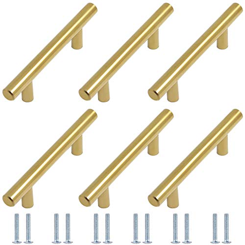 Kitchen Cabinet Handles, 6PCS Stainless Steel Cabinet T Bar Handles and 12pcs Screws, Cabinet Handles Gold, Bathroom Cabinet Handles 96mm, Bedroom Furniture Handles for Bedroom, Bathroom, Kitchen