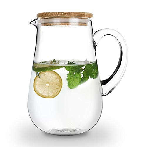 Luvan Jarra de Vidrio de 2.0 litros y 68 oz con Tapa de bambú, Boca Ancha de 10 cm, Jarra de Vidrio de borosilicato Resistente al Calor fácil de Limpiar para jugos, Leche, Bebidas frías o Calientes