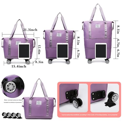 Expandable & Foldable Rolling Duffle Bag with Wheels, Large Capacity Carry-On Luggage with Dry Wet Separation, Waterproof Lightweight Travel Weekend Bag for Women Men (Black)4