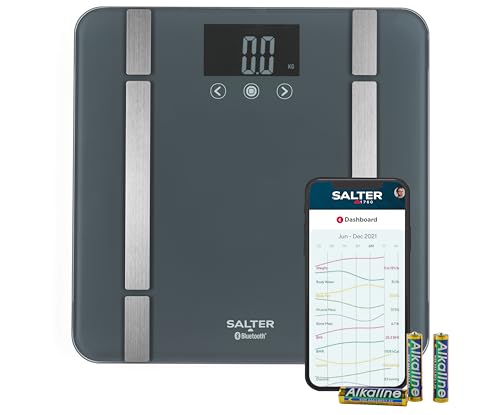 Salter SA00432GFEU6 Bathroom Smart Scale – Bluetooth Digital Scale, 200kg, Measure Weight, Body Fat/Water, Muscle/Bone Mass, BMI/BMR, 8 User Memory, Connect to Phone with Free Salter Health App, Grey