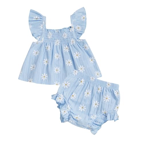 Barbotimer - Tenue de marguerite pour bébé fille avec tunique smockée à volants et short bloomer ensemble 2 pièces vêtements d'été pour nouveau-né 0 3 6 12 18 mois, bleu, 0-3 mois