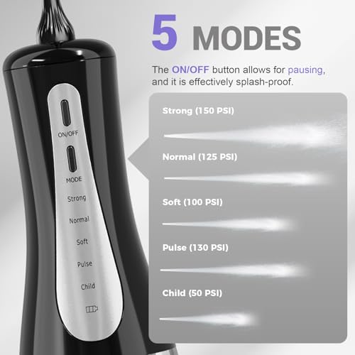 Image of 350ML Water Dental Flosser Teeth Pick with Travel Bag, 5 Modes Portable Cordless Oral Irrigator Cleaner, Electric Rechargeable IPX7 Waterproof for Home Travel Teeth Cleaning flossing(Black)