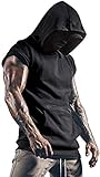Diseño único: camiseta de gimnasia muscular con capucha para hombre con diseño sin mangas, colores sólidos, bolsillos canguro en la parte delantera. Conveniente para poner su teléfono, llave o tarjetas en él. Puede escuchar música mientras hace ejercicio. El teléfono de 6.5 pulgadas también se puede guardar fácilmente en el bolsillo frontal.