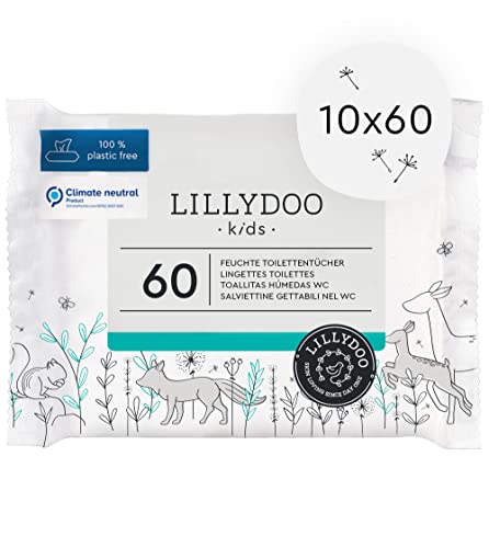 Toallitas húmedas WC LILLYDOO Kids, 600 toallitas (10 x 60), toallitas 100% biodegradables y desechables, sin perfumes