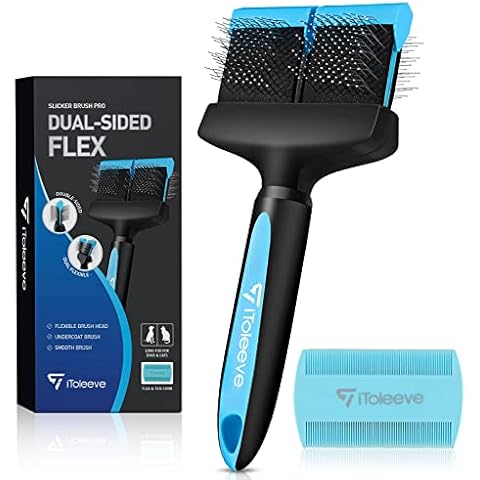 iToleeve Dual Flex Slicker Brush Dog Brush, Gentle Grooming Tool for Sensitive Dogs & Cats - Ideal for Long Hair, Removes Undercoat, Tangles, and Knots Cover