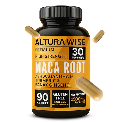 AlturaWise 5 in 1 Pure Maca Root Capsules for Men and Women | Maca Root Powder Capsules with Black + Red + Yellow Maca Root with ashwagandha, panax Ginseng Extract Supplement - 90 Vegan Pills
