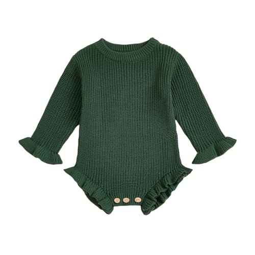 KtwHarnu Baby Girl Knit Sweater Romper Newborn Knitted Ruffle Bubble Romper Solid Long Sleeve Sweater Bodysuit Winter Clothes (Green, 3-6 Months)