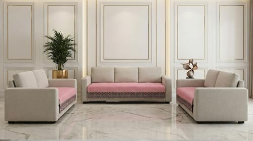 Image of Velvet Quilted Sofa Cover Mat Seat & Back, 3+2+2 Set, Total L161in H32in (3+2+2), Baby Pink Color,Anti Skid Backing, 6in Hanging Strap Design, Washable, Style -BabyPink-S322