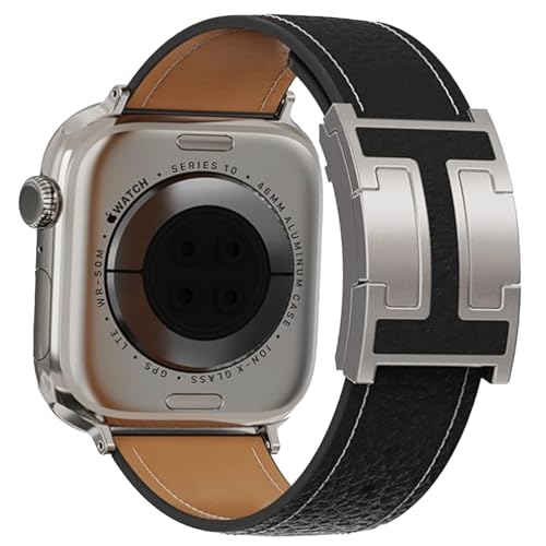 VickyPolee Leather Magnetic Watch Band (Black band + Silver Buckle) Compatible for Apple Watch Ultra Band 38mm 40mm 41mm 42mm Replacement Strap for men women iWatch Ultra SE Series 10/9/8/7/6/5/4/3/2/1