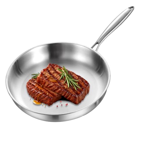 Zjyufy Padella in Acciaio Inox a Triplo Strato, Padella da 28 cm per Friggere e Saltare, Non Rivestita, Riscaldamento Rapido e Uniforme, Adatta a tutti i tipi di Fornelli Compresa Induzione