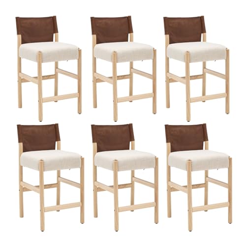 Farmhouse 26 inch Bar Stools with Leather Back Set of 6 Beige Linen Armless Counter Height Bar Stools Modern Natural Wood Legs Upholstered Bar Stools Rustic for Kitchen Island Dining Room